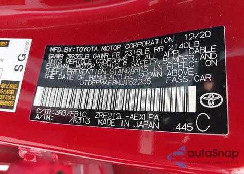 2021 Toyota Corolla Le from USA, damaged, VIN JTDEPMAE8MJ162235